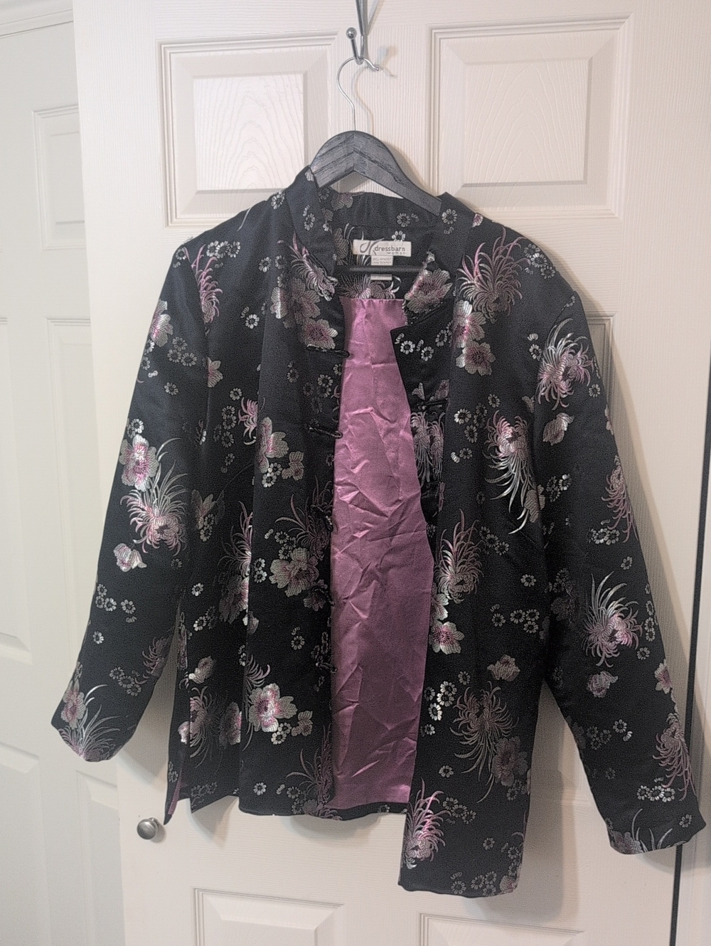 dressbarn Black Satin Embroidered Jacket with Lavender Accents